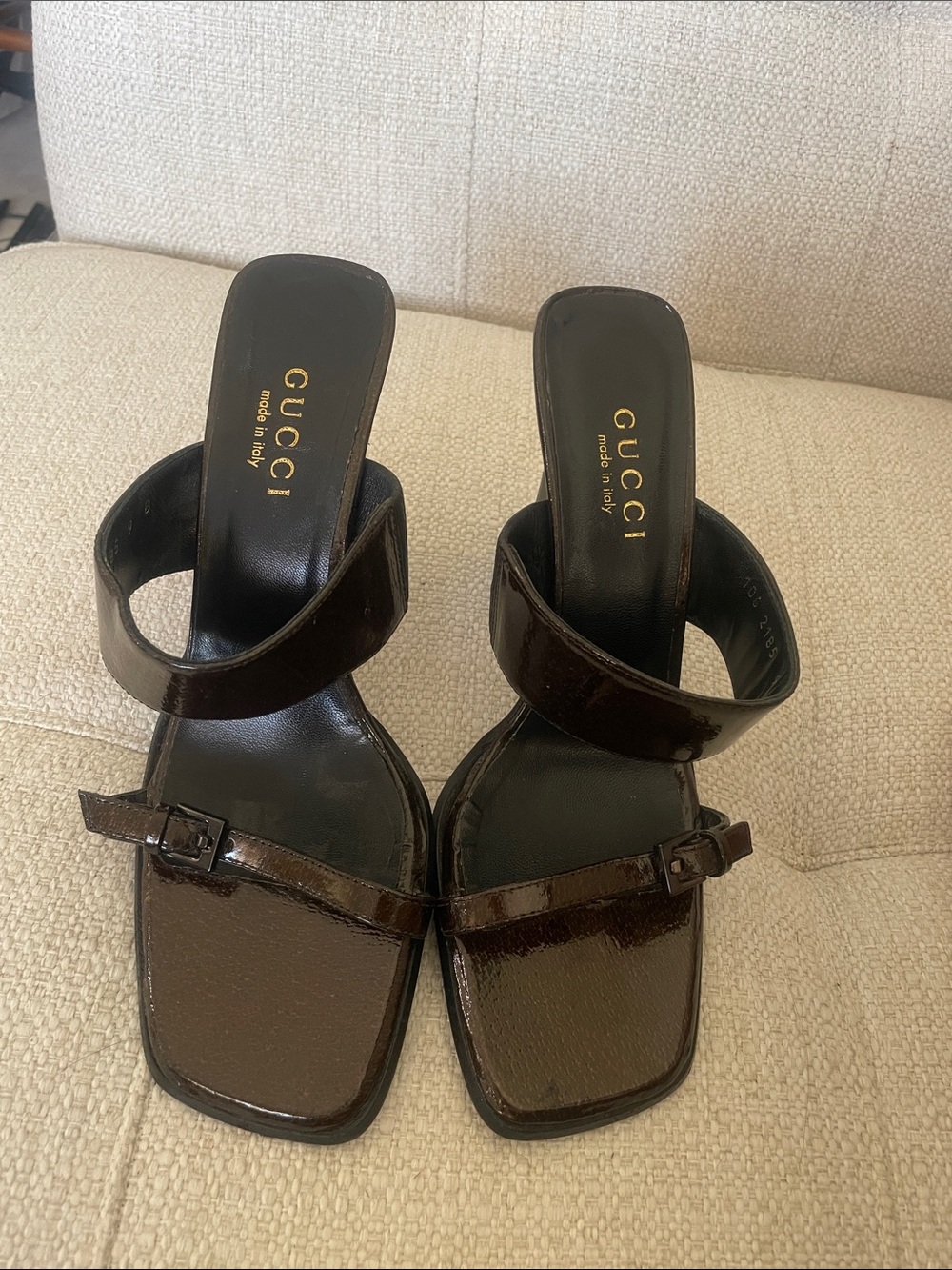 Gucci Brown Patent Leather Double-Strap Mules